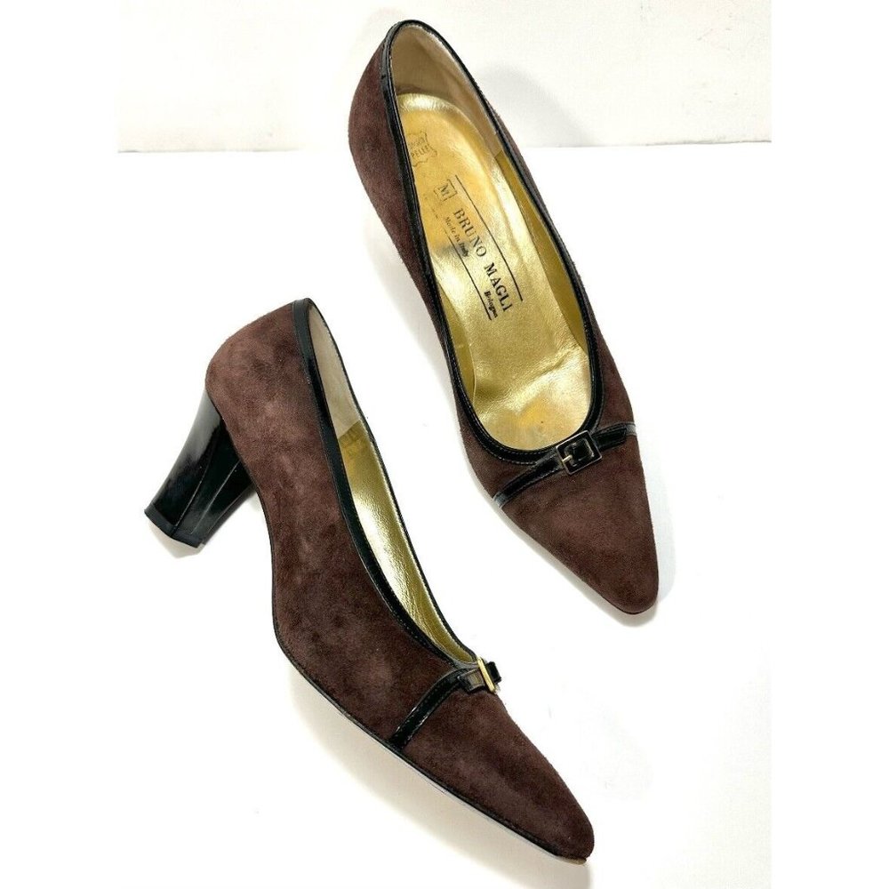 Bruno Magli Brown Suede Pointed Toe Block Heel Pumps